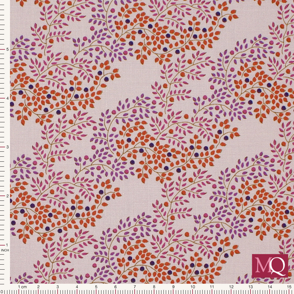 Cotton quilting fabric with delicate branches and berries in purple, red and lilac