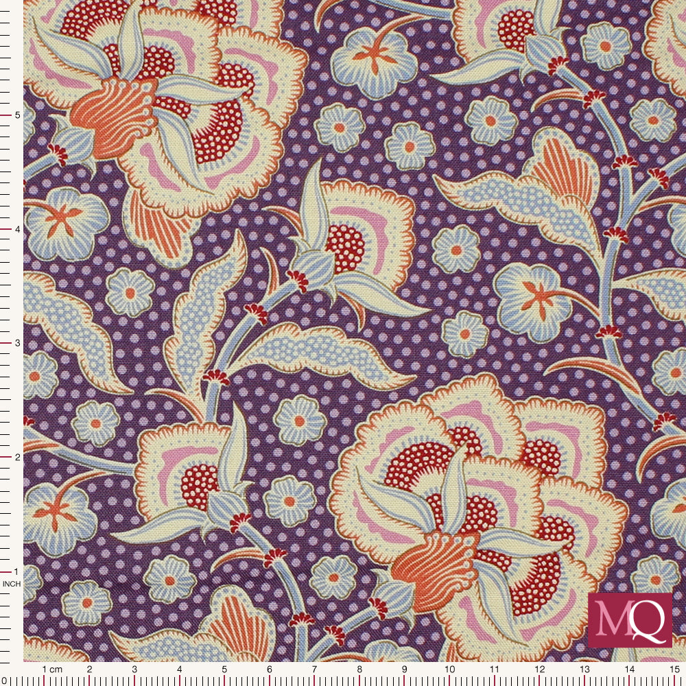 Modern cotton quilting fabric with elaborate floral design and purple background