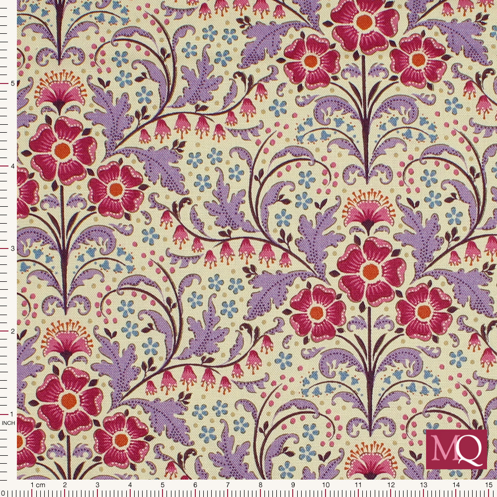 Cotton quilting fabric with William Morris style symmetrical floral print with magenta and lilac theme
