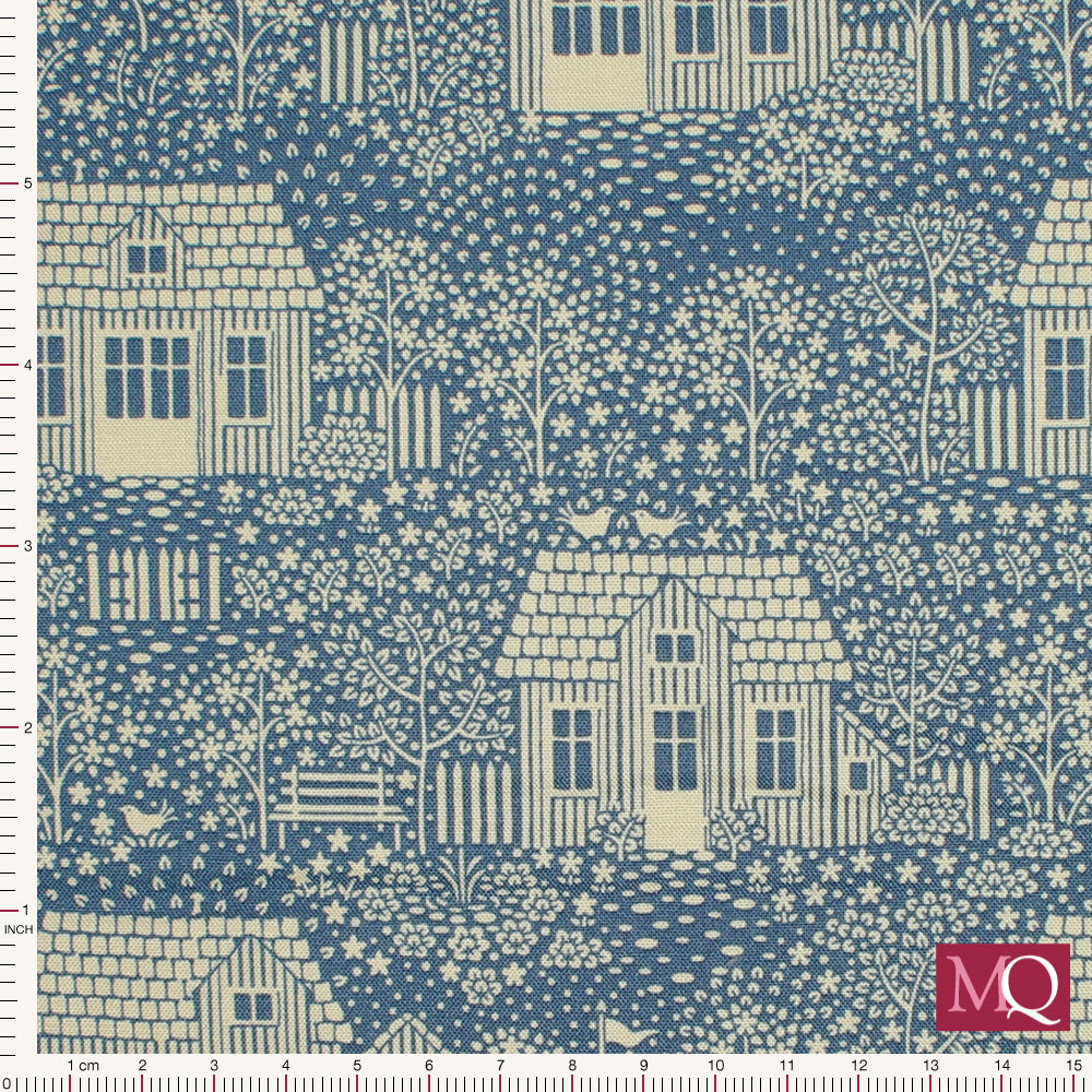 Modern cotton quilting fabric with quaint cottage and garden print in white on blue background