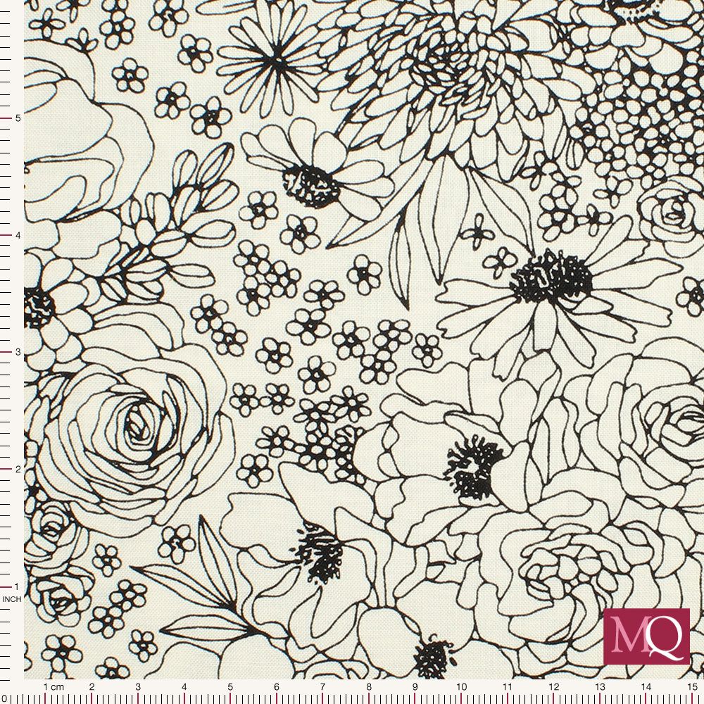 Cotton quilting fabric with line drawing sketches of flowers