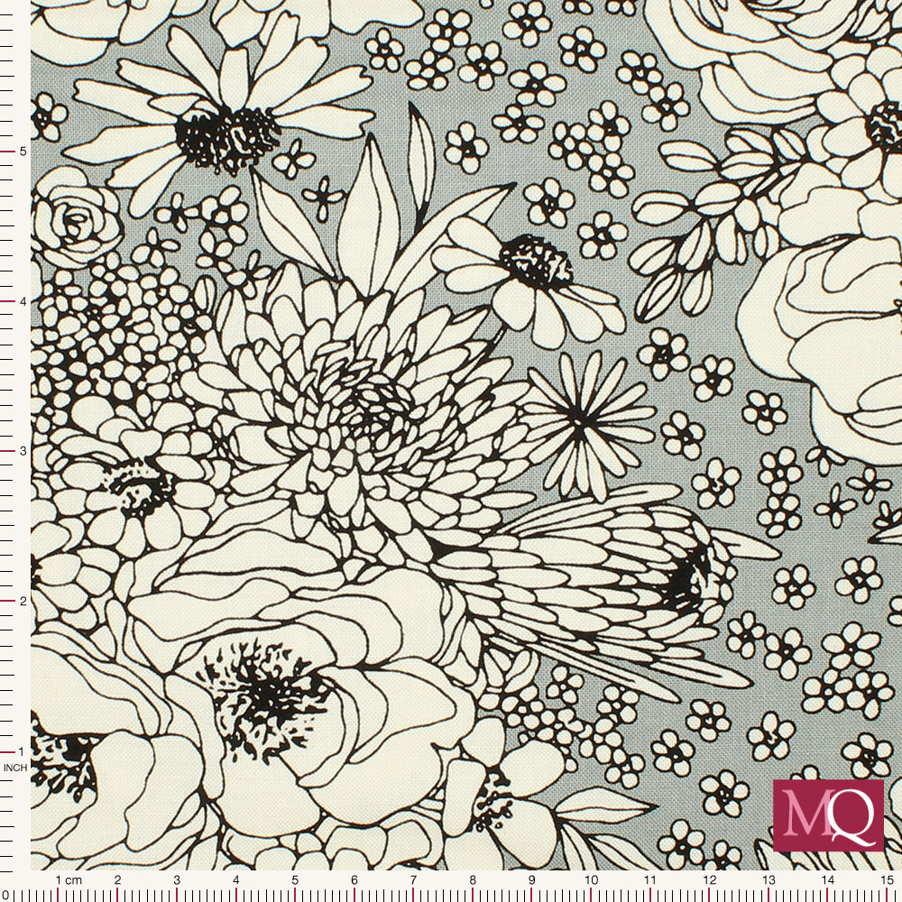 Cotton quilting fabric with hand drawn sketch of flowers with white and grey background