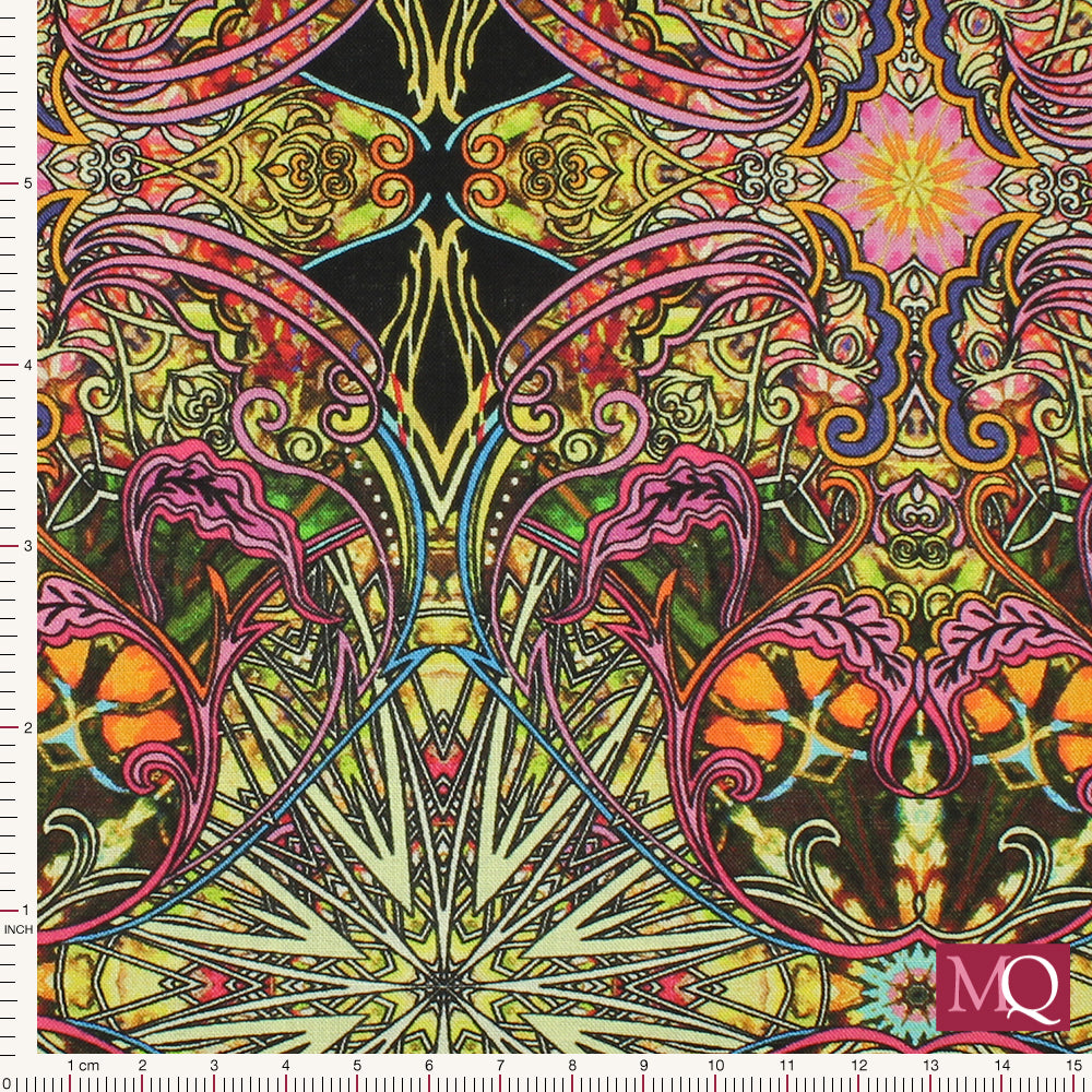 Cotton quilting fabric with bright kaleidoscope design in an art nouveau style layout