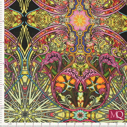 Cotton quilting fabric with bright kaleidoscope design in an art nouveau style layout