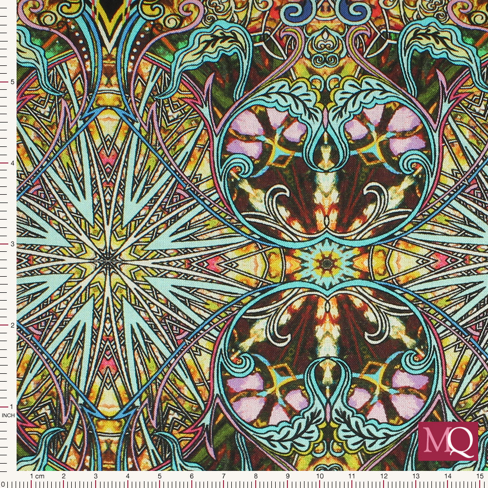 Cotton quilting fabric with kaleidoscope design in multi colours in an art nouveau style