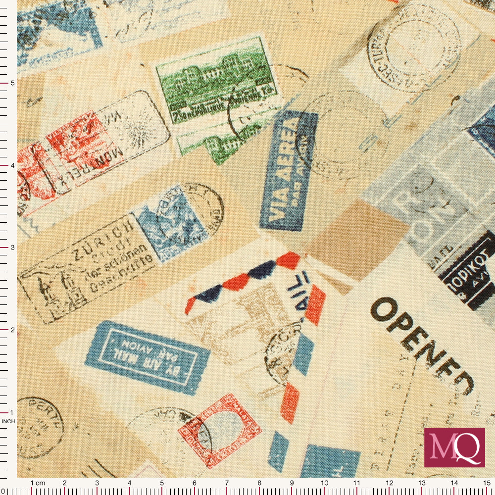 Cotton quilting fabric with postal theme and beige tones