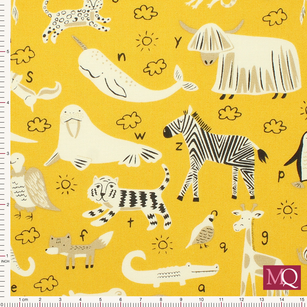 Cotton quilting fabric with letters of the alphabet and cartoon wild animals on yellow background