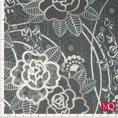 Cotton quilting fabric with modern floral design featuring silver highlights