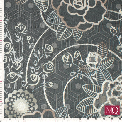 Cotton quilting fabric with modern floral design featuring silver highlights