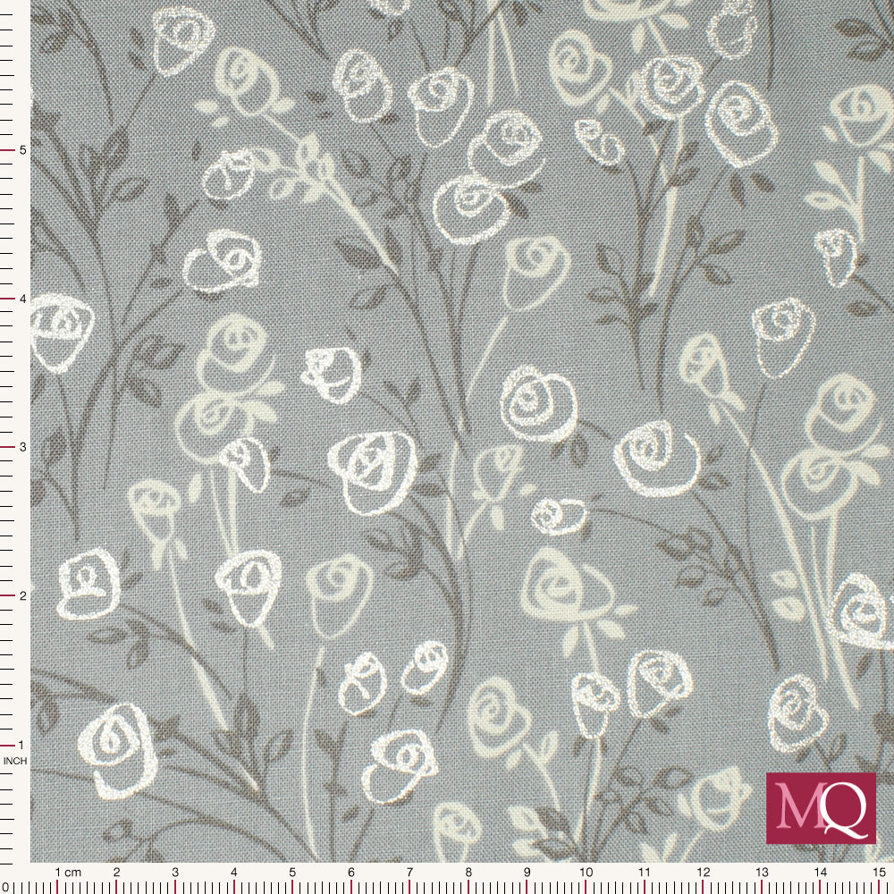 Cotton quilting fabric with modern floral design on light grey with silver highlights