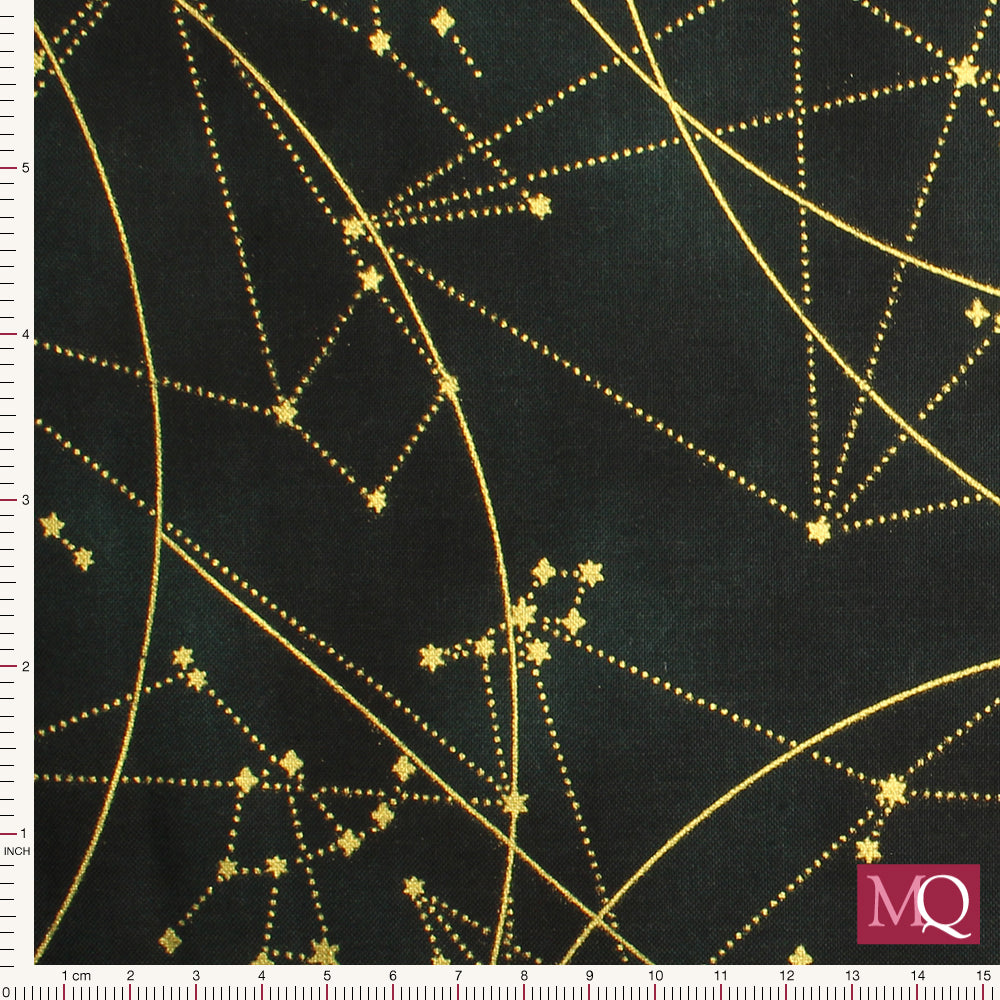 Cotton quilting fabric with gold constellations on black background