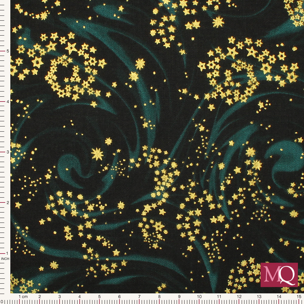 Cotton quilting fabric with swirling space design and clusters of gold stars