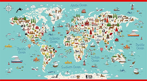 Around the World - World Map Panel by Makower Remnant