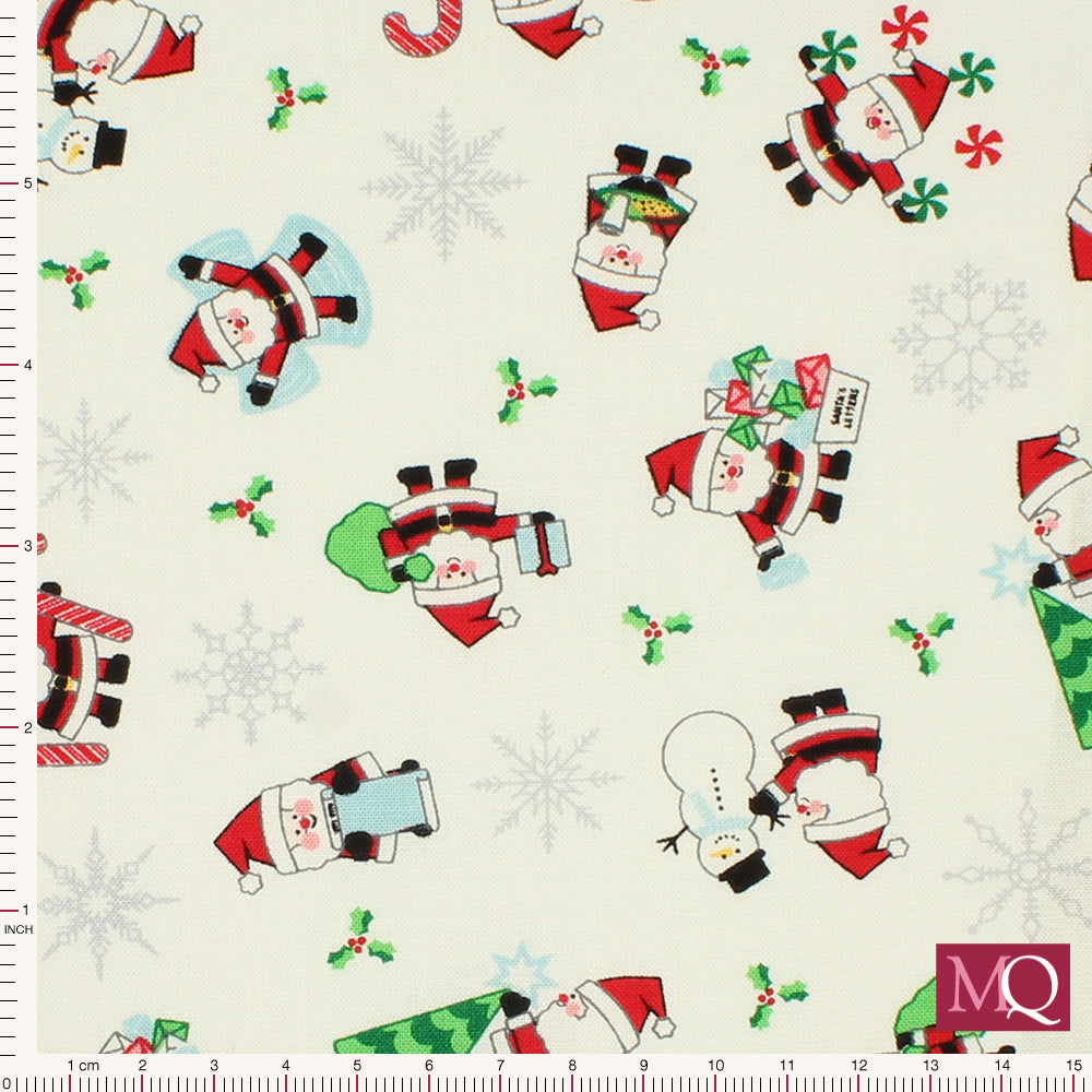 Cotton quilting fabric with novelty Father Christmas print including snowmen and trees