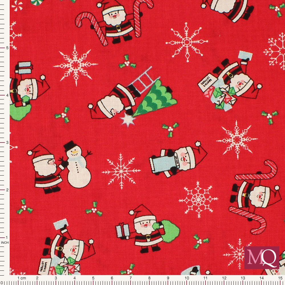 Cotton quilting fabric with novelty Father Christmas print including snowmen and Christmas trees