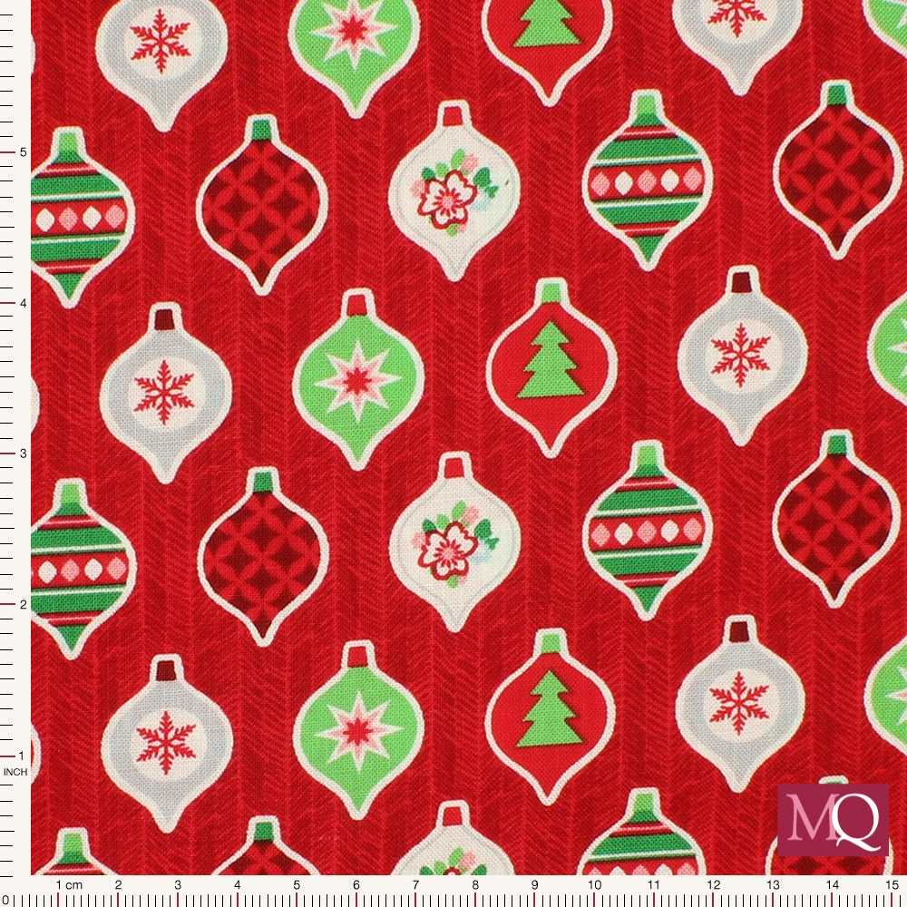 Cotton quilting fabric with red, green and white vintage bauble design on striped red background