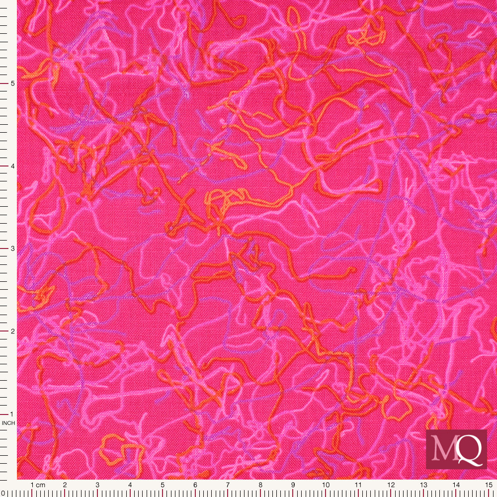 Cotton quilting fabric with lively lines in pinks, purples and orange on a bright pink background