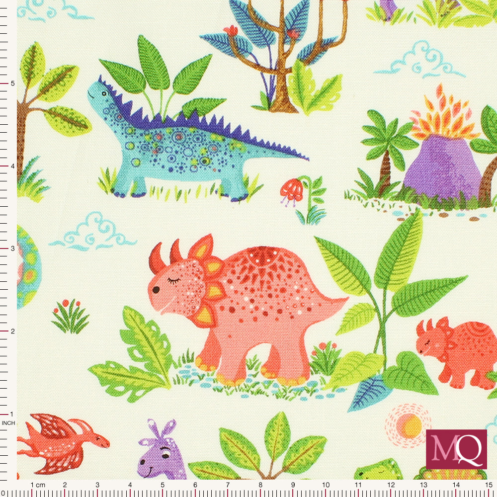 Cotton quilting fabric with all over dinosaur print and scenery on white.
