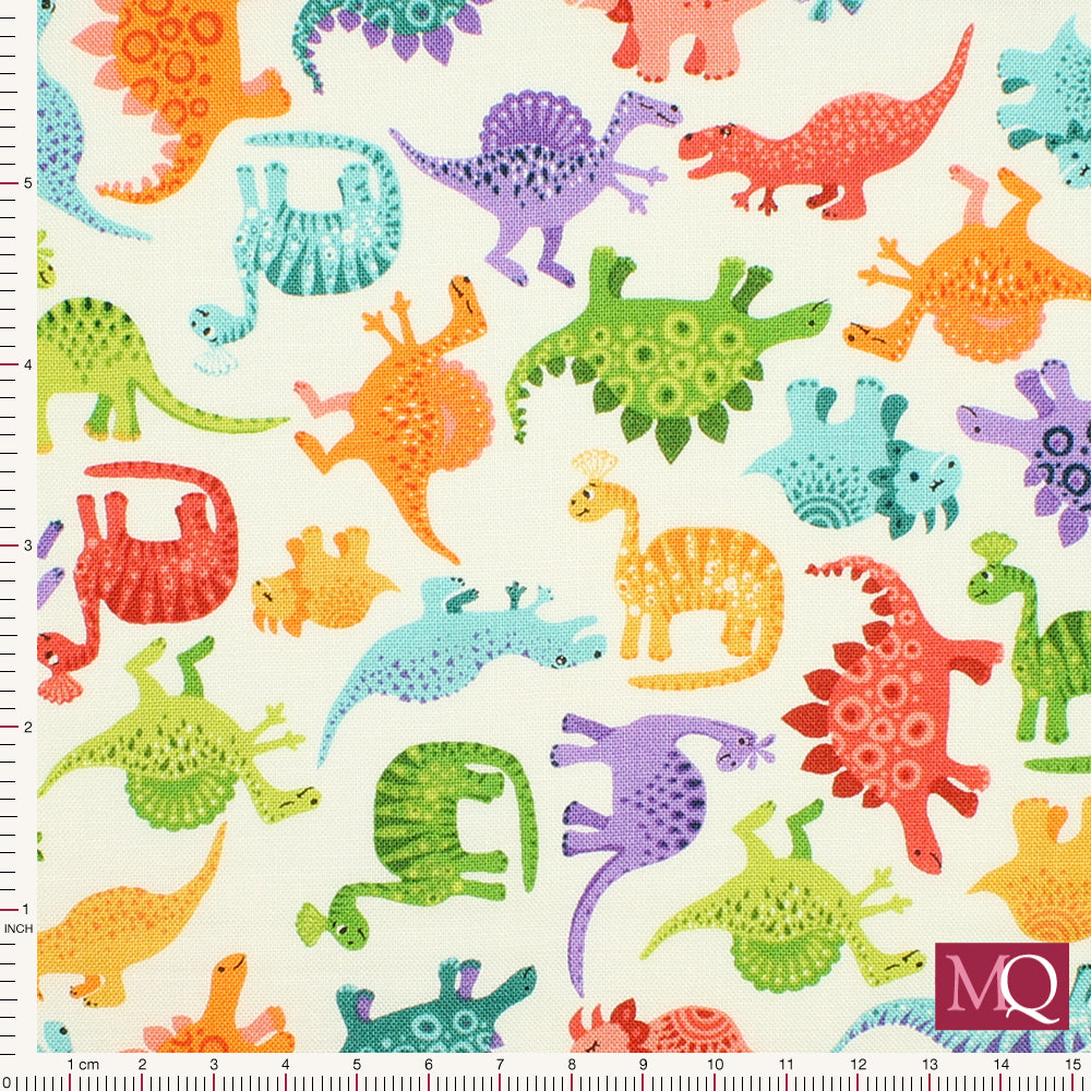 Cotton Quilting fabric with novelty dinosaur print in all colours of the rainbow on white background