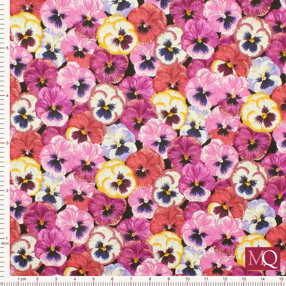 Cotton quilting fabric with pink tonal pansies