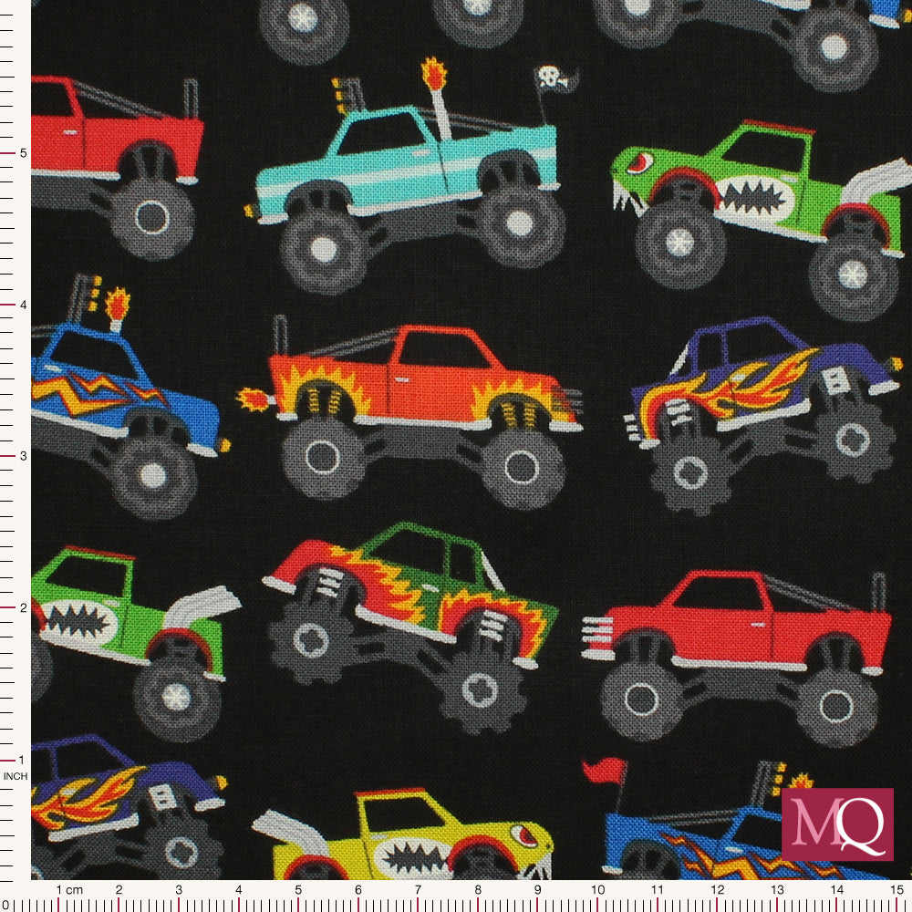 Cotton quilting fabric with multi coloured trucks