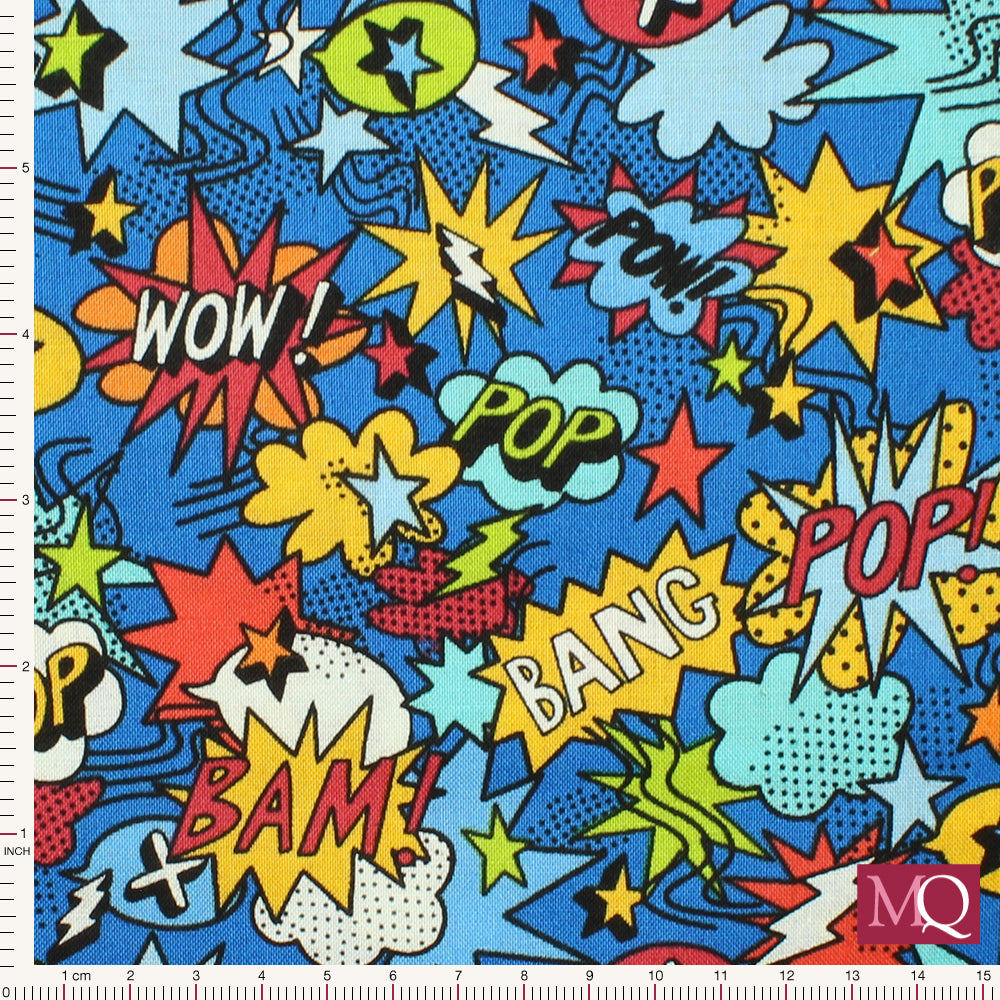 Cotton quilting fabric with comic strip phrases on blue background