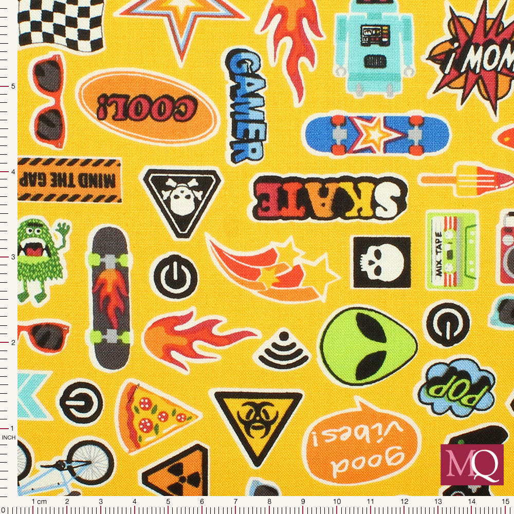 Novelty pattern with skateboards, gaming, monsters and fun comic strip words