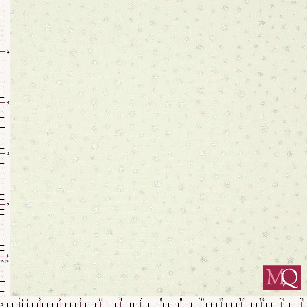 Cotton quilting fabric with tiny shimmering silver stars on a white background