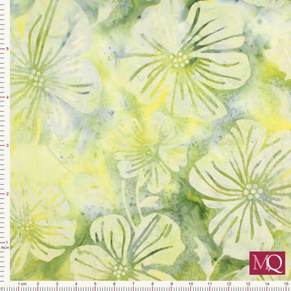 Cotton quilting fabric with lime green and yellow batik floral pattern