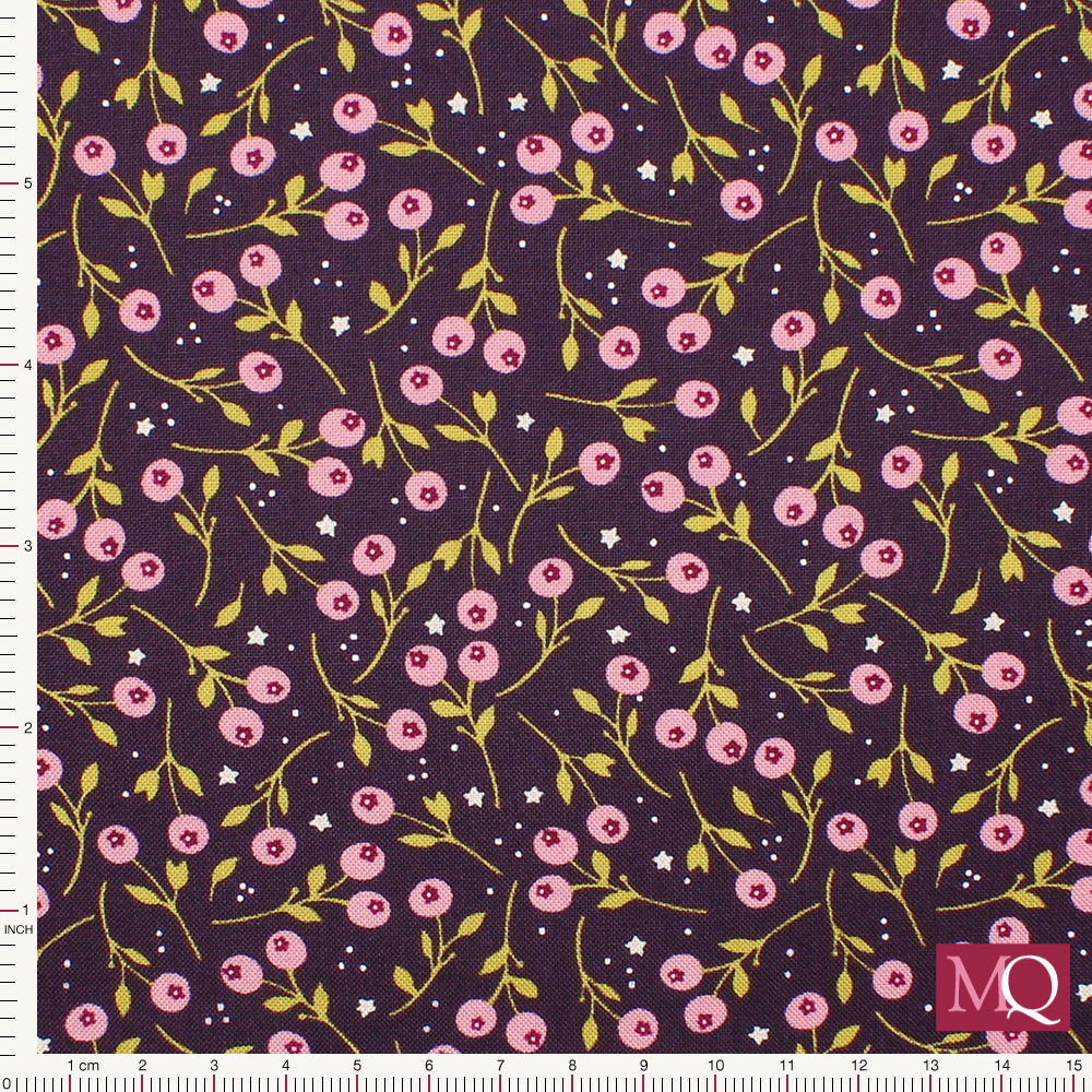 Cotton quilting fabric with small floral stems on purple background