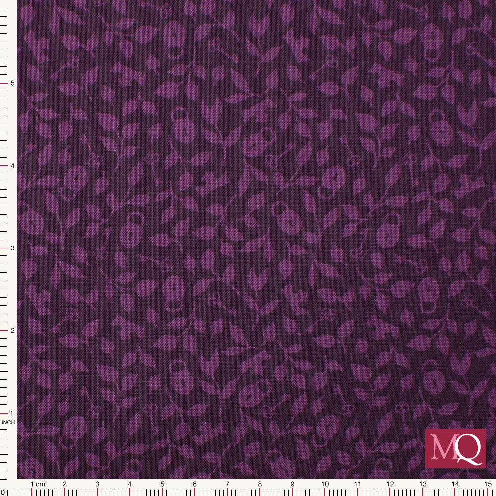 Cotton quilting fabric in tonal purple with tiny keys, locks and branches