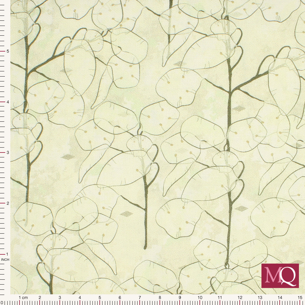 Cotton quilting fabric with delicate stems and round leaves in tonal pale stoney green