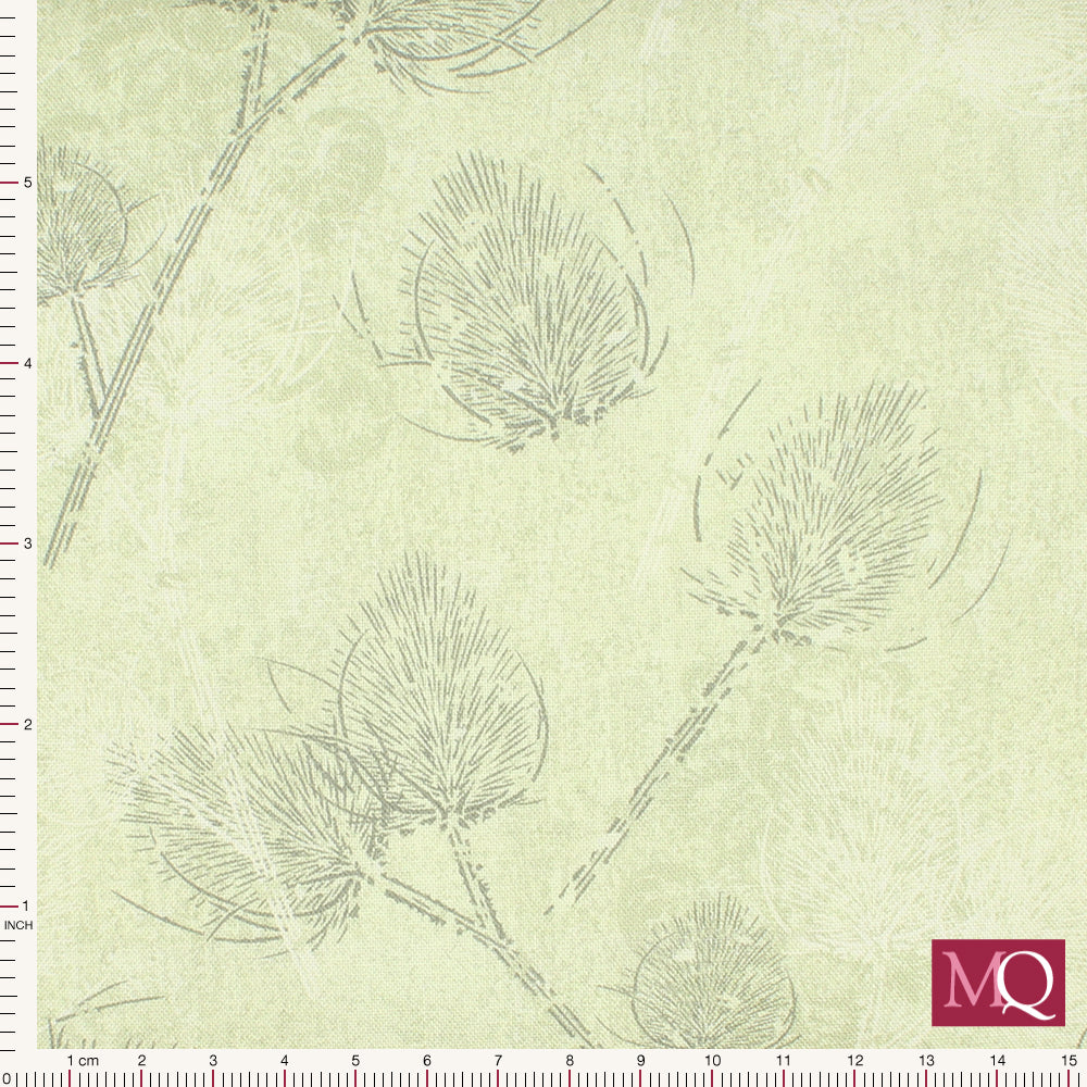 Cotton quilting fabric with tonal botanical design featuring thistles in grey and white on a pale grey-green background