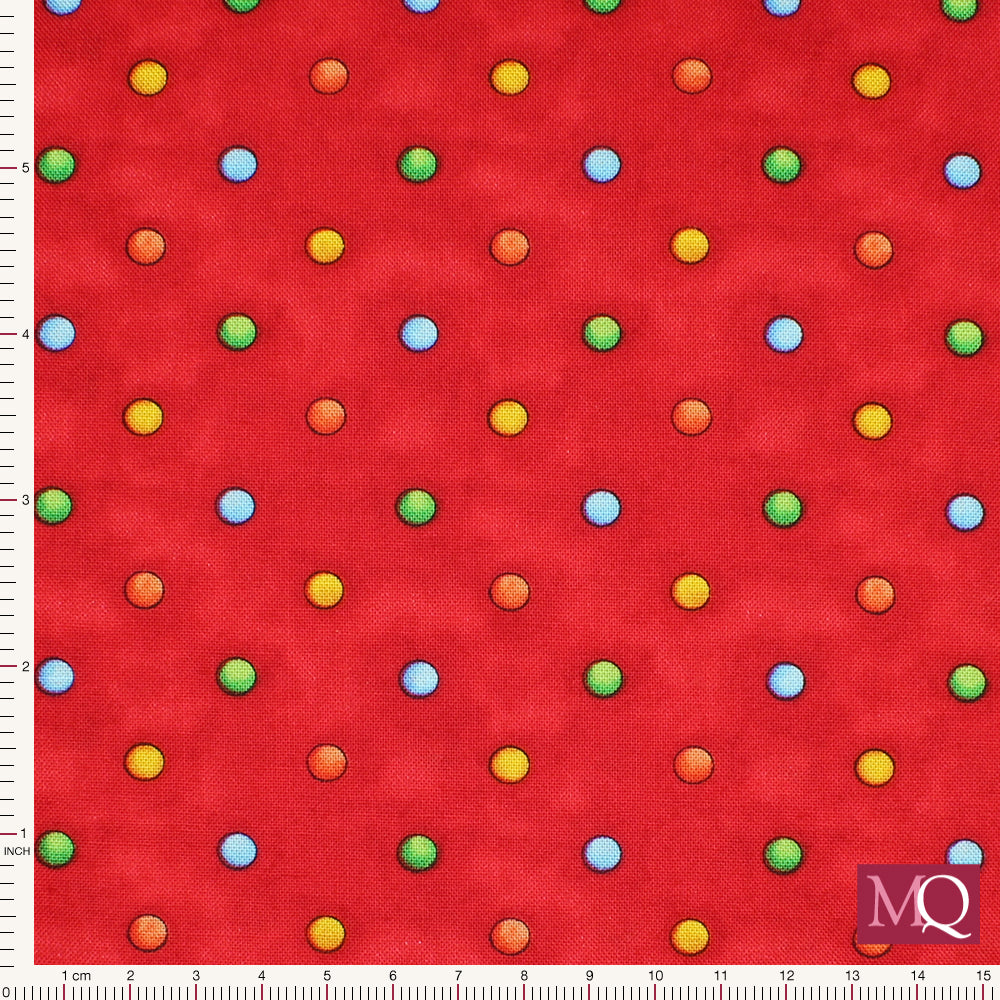 Cotton quilting fabric with mottled red background and bright dots in multi colours
