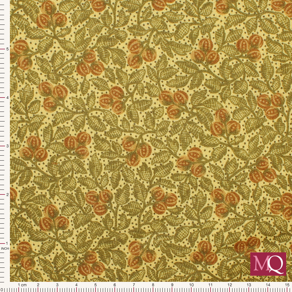 Cotton quilting fabric with botanical design in antique browns and greens