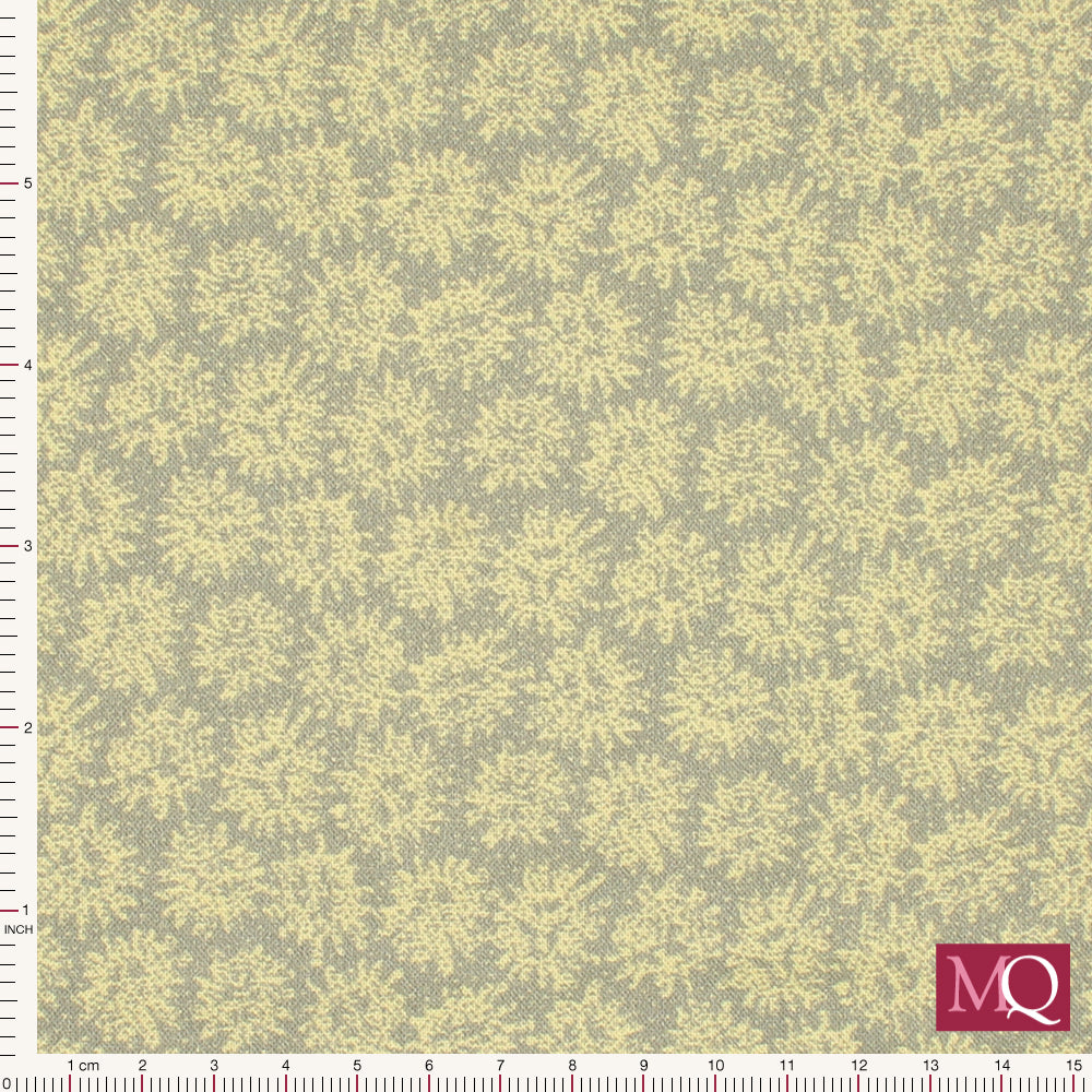 Cotton quilting fabric with neutral colour scheme with yellow bursts on grey background