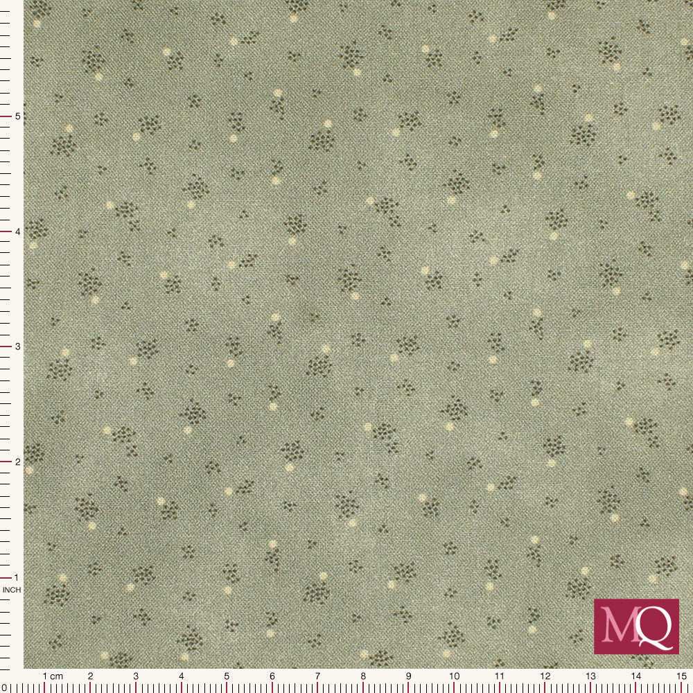 Cotton quilting fabric with delicate natural print on tonal green grey background