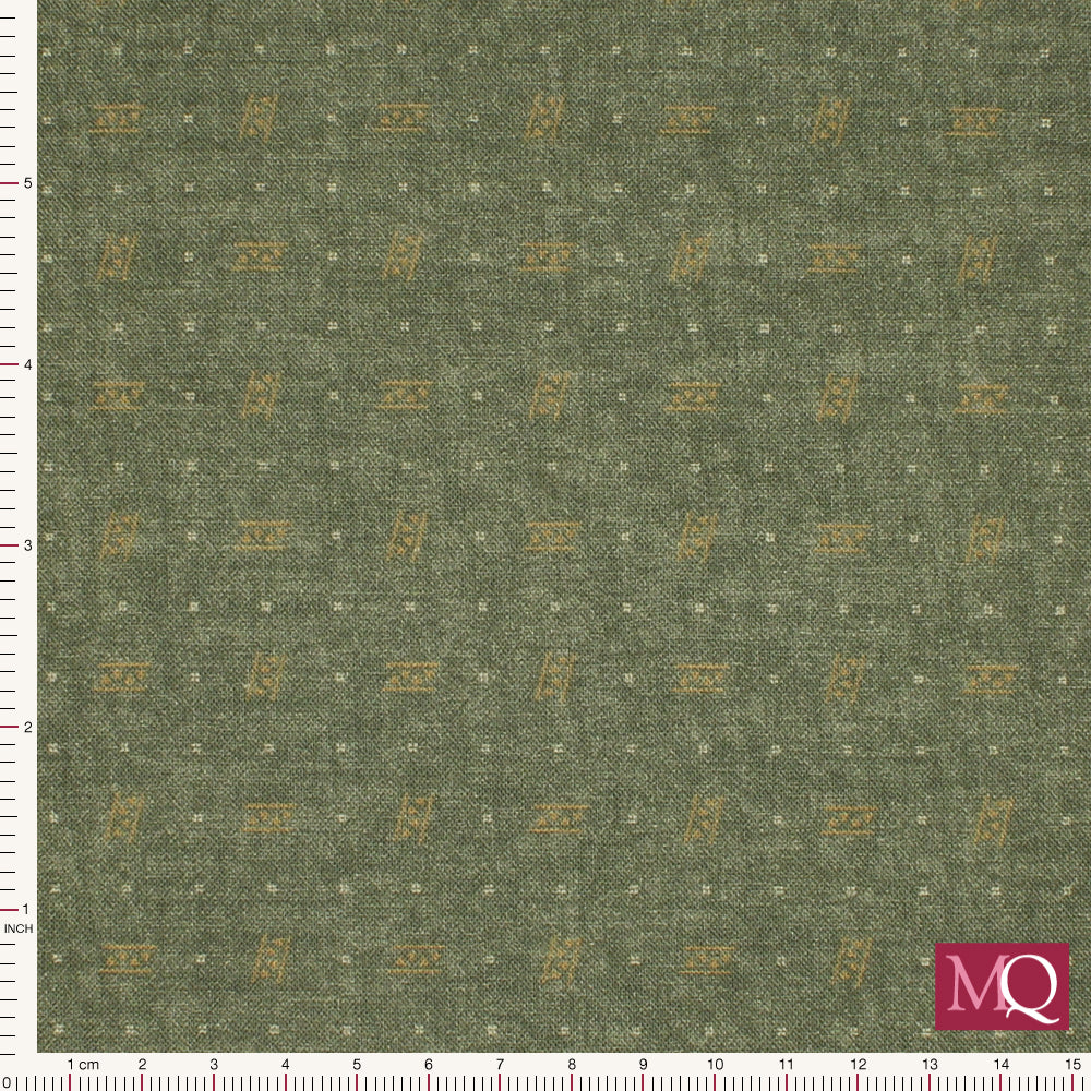 Cotton quilting fabric with very subtle geometric spots and lines in muted green tones