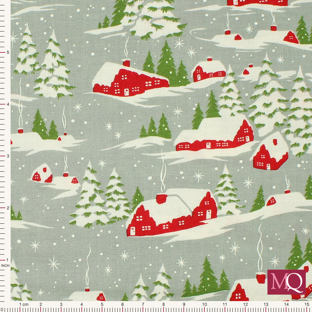 Grey cotton quilting fabric with winter huts and Christmas trees
