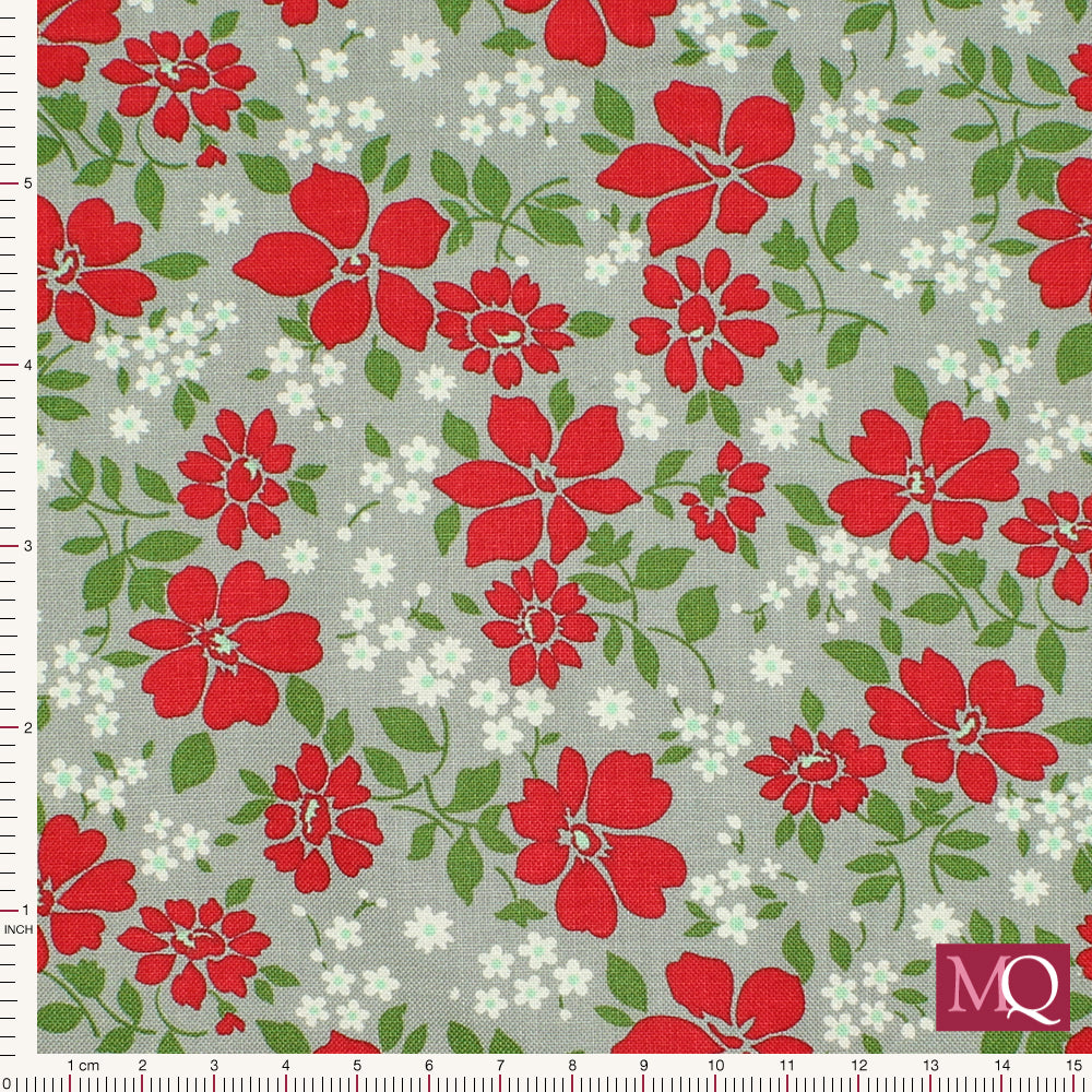 Christmas cotton quilting fabric with red and white flowers on grey background