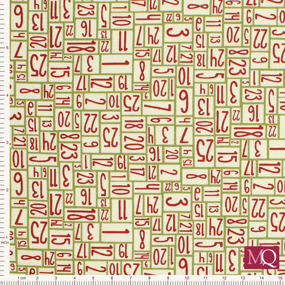 Advent themed cotton quilting fabric in green and red