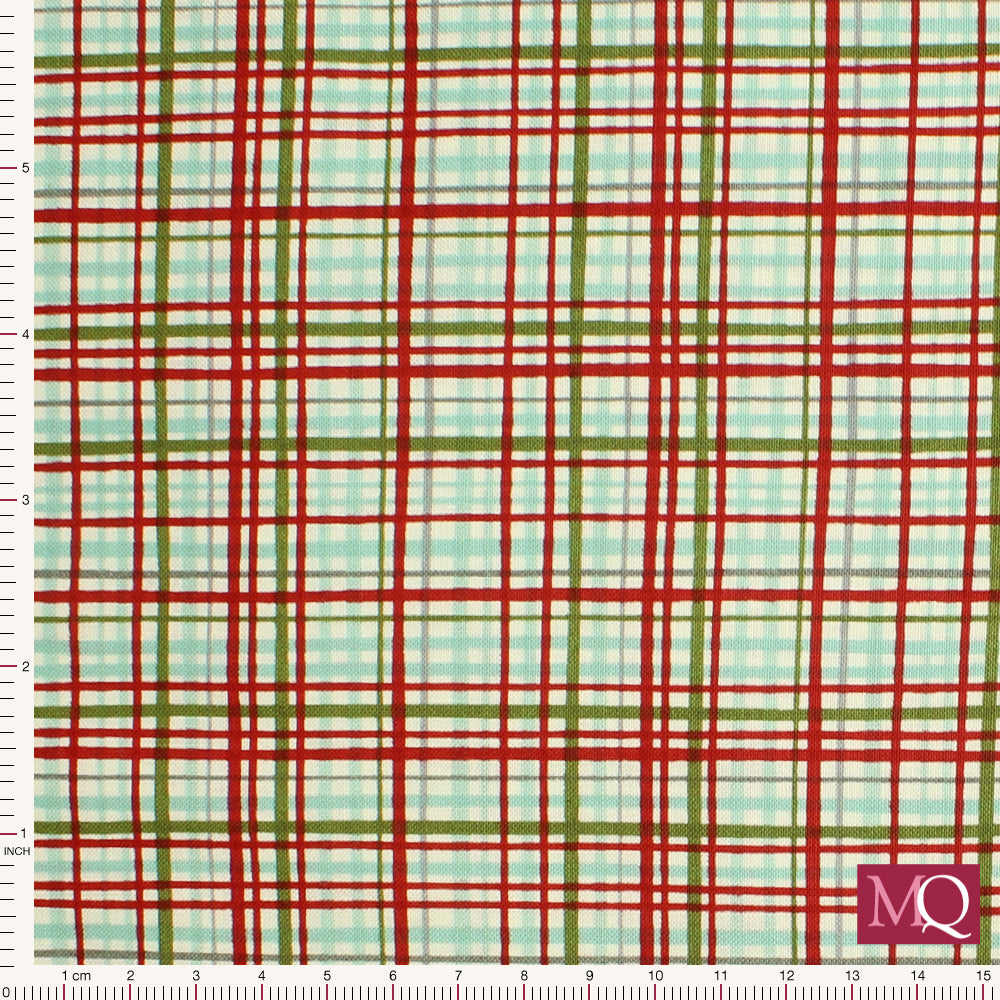 Printed cotton quilting fabric with red, green and light blue checks