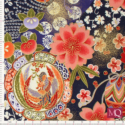 Cotton quilting fabric with Japanese flowers and decorations