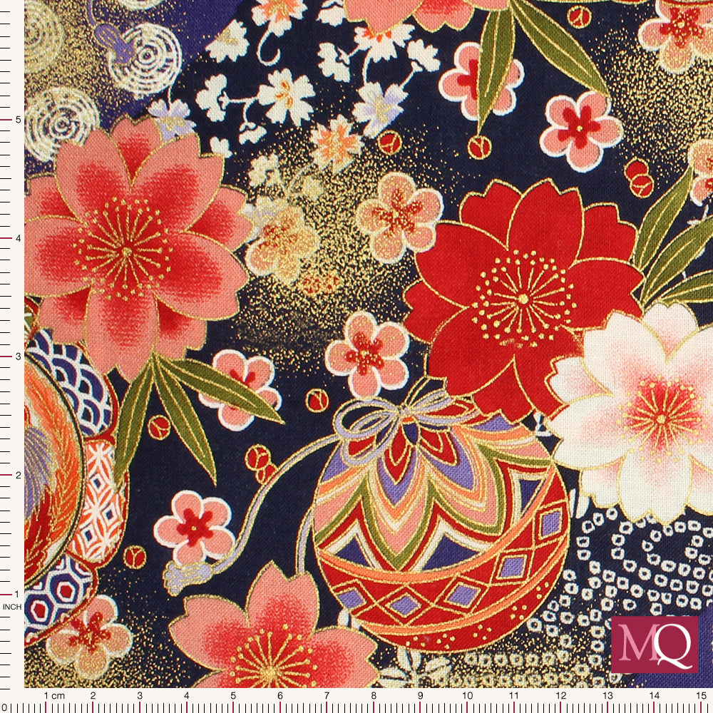 Cotton quilting fabric with Japanese flowers and decorations