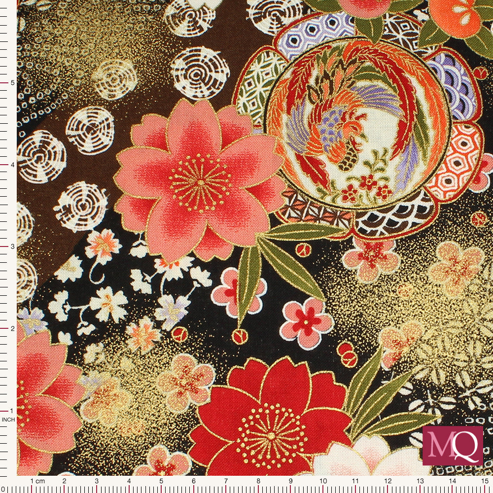 Cotton quilting fabric featuring Japanese floral design