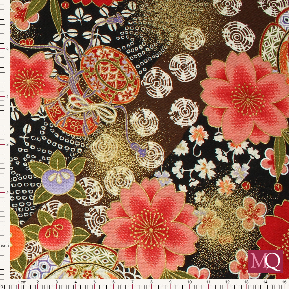 Cotton quilting fabric featuring Japanese floral design
