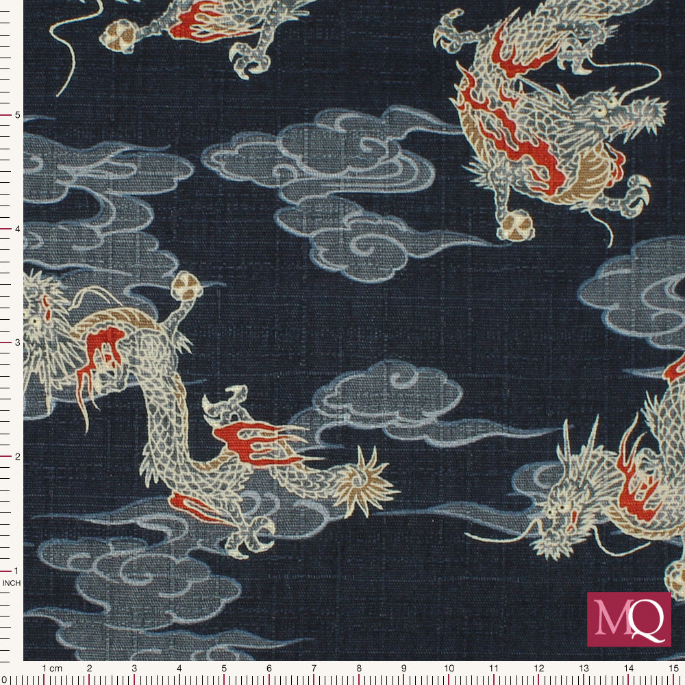 Cotton Quilting Fabric with Japanese dragon design and clouds