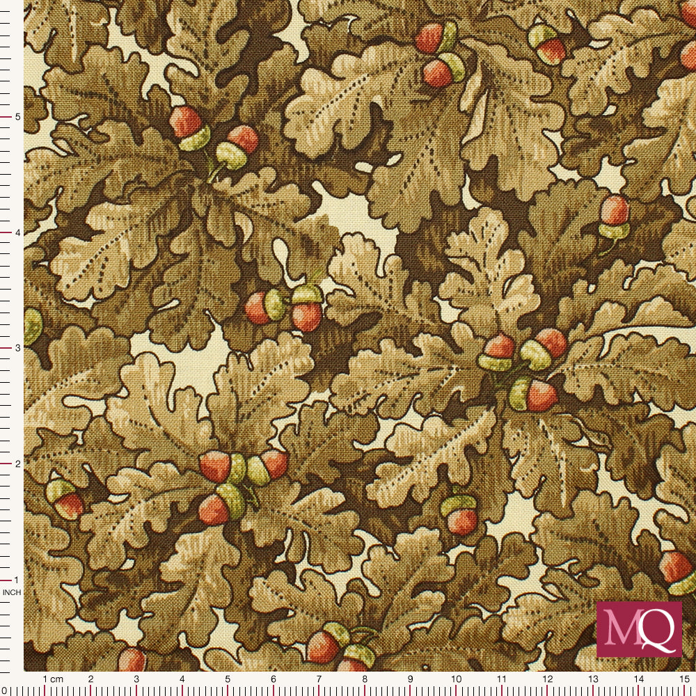 Cotton quilting fabric with brown oak leaves and acorns