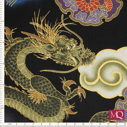 Cotton quilting fabric with Japanese dragons and swirling clouds on black