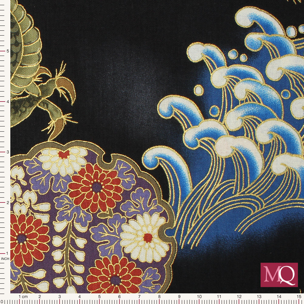 Cotton quilting fabric with Japanese dragons and swirling clouds on black